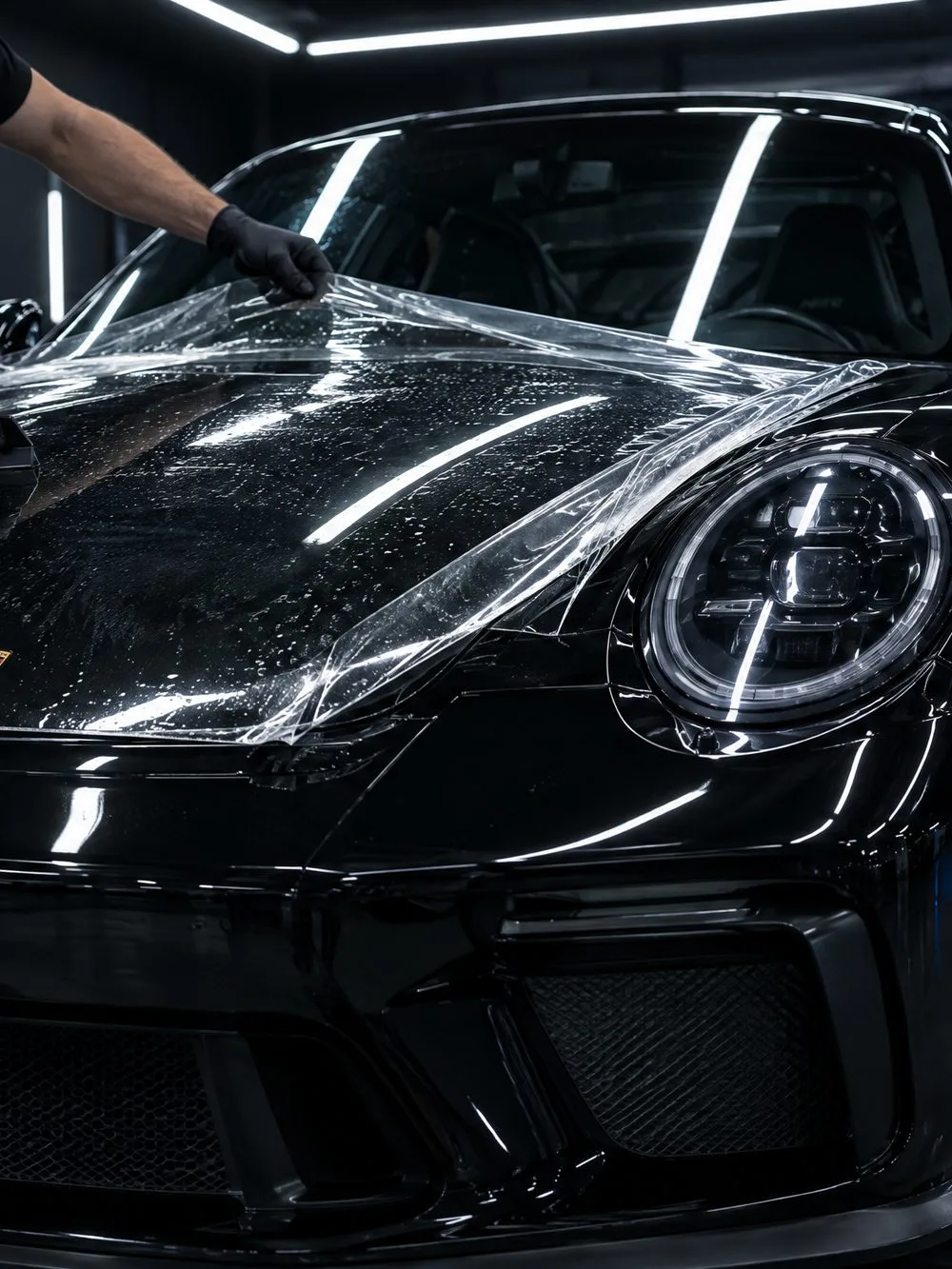 A gloved hand holds a sheet of clear film taut over the hood and front fender of a black Porsche 911, the sheet catching the white light bars overhead.
