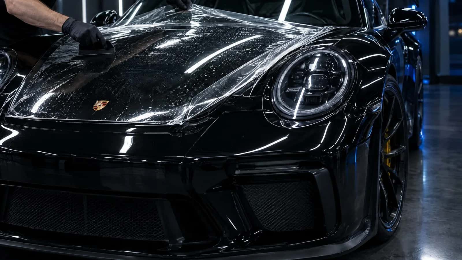 The front corner of a black Porsche 911 in close-up: a gloved hand holds a squeegee at the top of the hood, a sheet of clear film runs over the fender, and the round headlight and the paint mirror the white light bars.