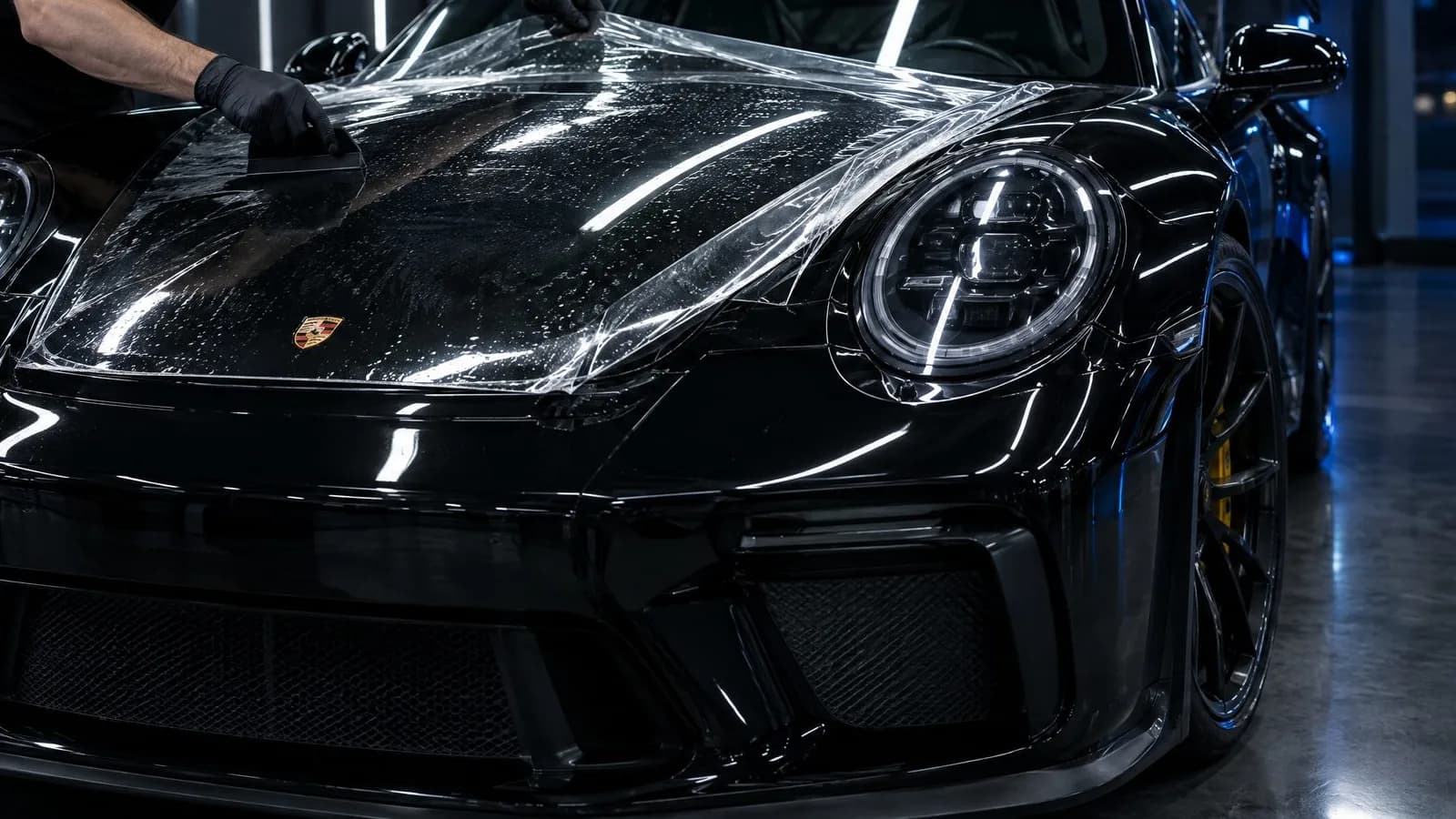 The front corner of a black Porsche 911 in close-up: a gloved hand holds a squeegee at the top of the hood, a sheet of clear film runs over the fender, and the round headlight and the paint mirror the white light bars.