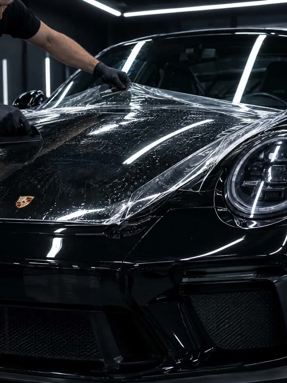 Gloved hands draw a squeegee across a sheet of clear film laid over the hood of a black Porsche 911, in a dark studio with white light bars reflected down the paint.