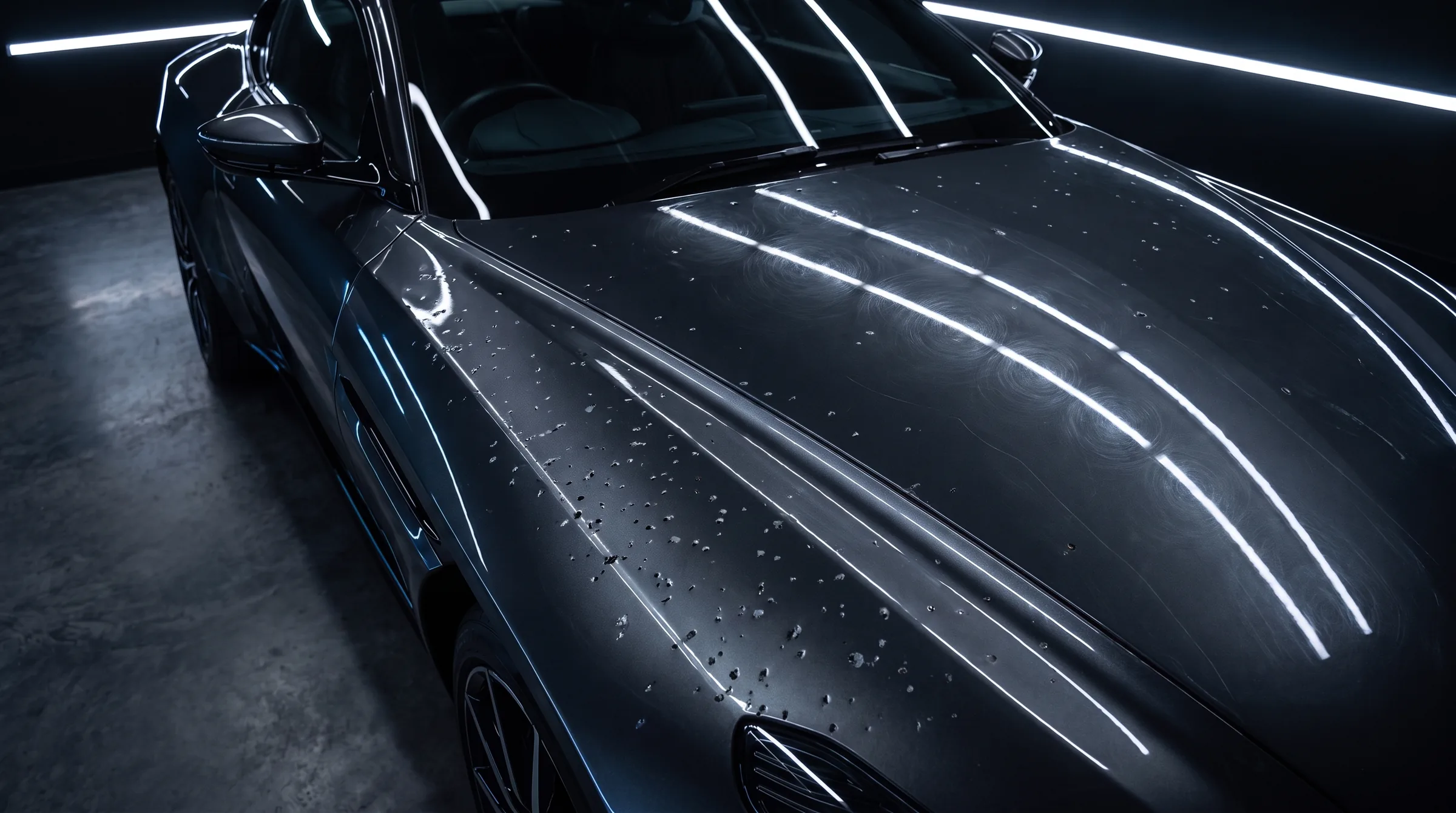 The same grey sports car hood and fender from the same spot, the paint now peppered with small rock chips along the front edge, swirl marks circling the light-bar reflections and a few hairline scratches.