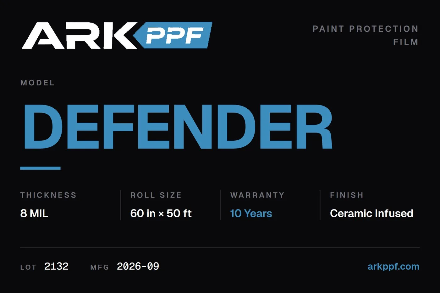 The ARK PPF Defender roll label on black: model Defender, thickness 8 mil, roll size 60 in by 50 ft, warranty 10 years, finish ceramic infused, lot 2132, made 2026-09.