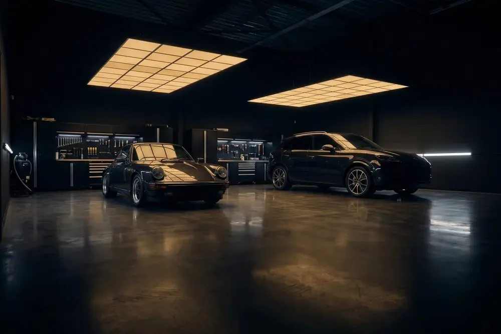 A dark shop floor with a classic Porsche 911 and a Porsche SUV parked under two large warm ceiling light panels, their reflections stretching across the polished concrete.